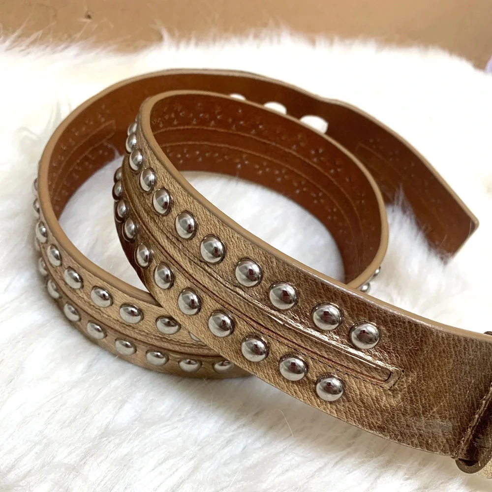 MICHAEL KORS Gold Leather Vintage Studded Belt Silver Buckle Sz SMALL